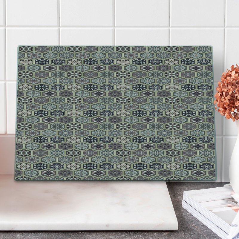 Ambesonne Antique Oriental Cutting Board Large Size Honeycomb Flowers Pale Tan Dark Taupe Grey
