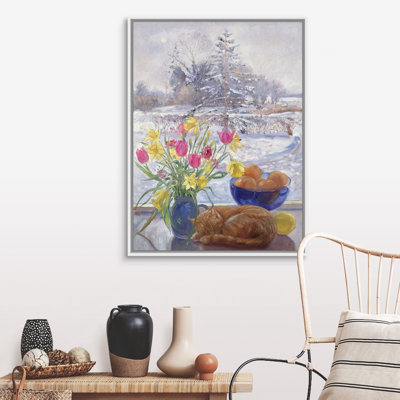 " Curled Cat With Flowers " by Timothy Easton Painting Print