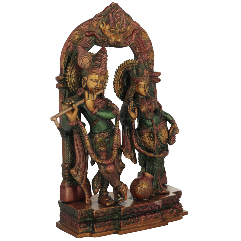 Radha Krishna 14 "avec pot à lait en laiton | Fait à la main | Fabriqué en Inde, Vert
