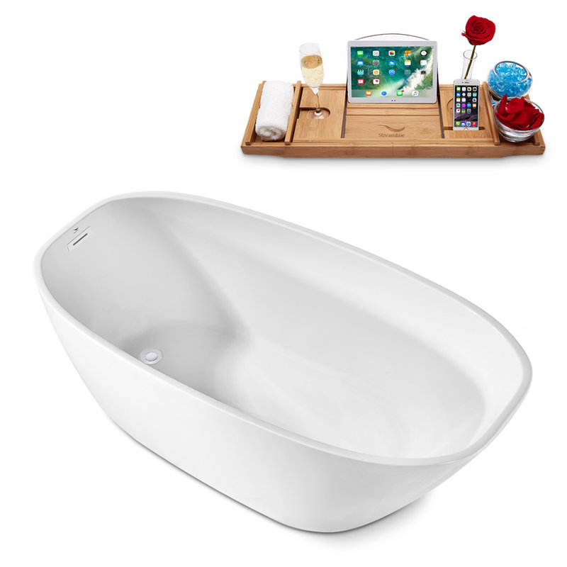 59" Streamline Freestanding Soaking Acrylic Bathtub With Drain and Bamboo Tray, Glossy White