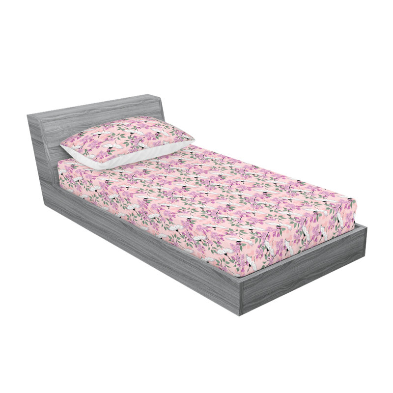 Ambesonne Fitted Sheet & Shams, Pale Purple/Rose Green Flower, Twin Sheet Set with 1 Pillowcase