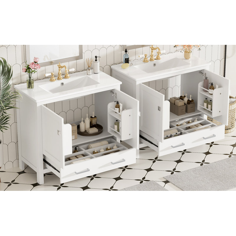 Meuble-lavabo 72 po avec lavabo en céramique, portes à fermeture en douceur, tablettes de rangement doubles et tiroir divisé - Armoire de salle de bain moderne avec beaucoup de rangement
