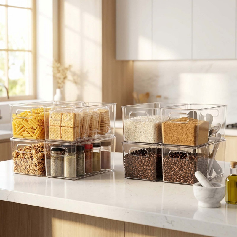 8 Piece Clear Plastic Storage Bins, Stackable Pantry And Kitchen Containers, 4 Large And 4 Small