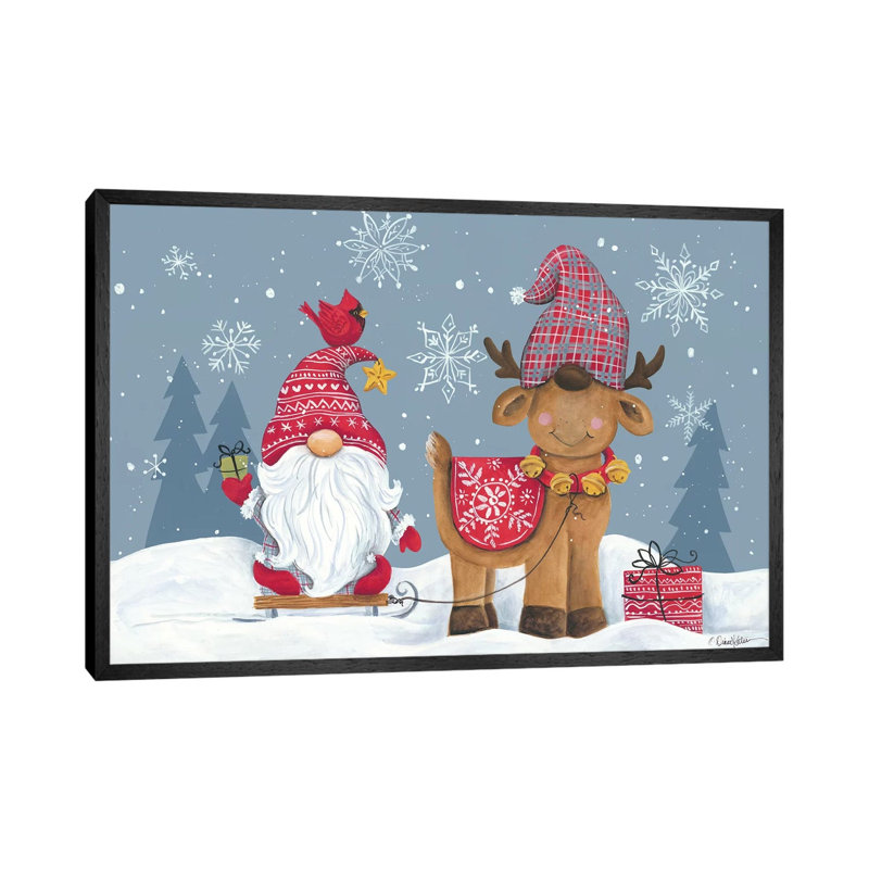 Snowy Gnome With Reindeer by Diane Kater - Print on Canvas, 66.04 cm H x 45.72 cm W, Black Framed