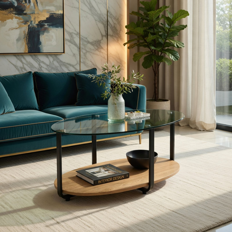 Table basse ovale à 2 niveaux Hommoo avec plateau en verre trempé et tablette en bois, table d'appoint de salon moderne, brun