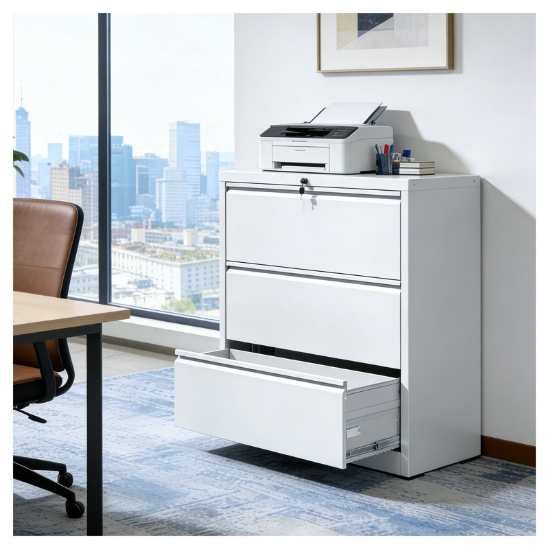 35.4 Inch Wide White 3 Drawer Lateral File Cabinet, Locking Heavy Duty Metal Home Office Filing Cabinet