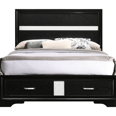 Storage Panel Bed Of Full Size, Black Finish, Featuring Beveled Framing And Crystal Handles In Full, Integrated Drawers, Glitter - Trimmed Drawer Details With Handles, Paper Laminate Finish