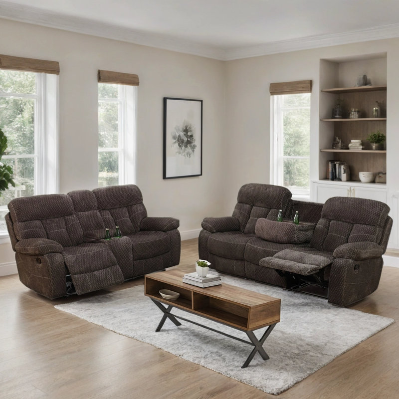 Ensemble de canapé inclinable manuel en velours côtelé 2 pièces de qualité supérieure avec table basse, porte-gobelets et console de rangement