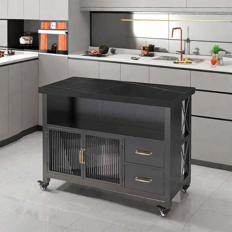 Black removable marble catering storage island