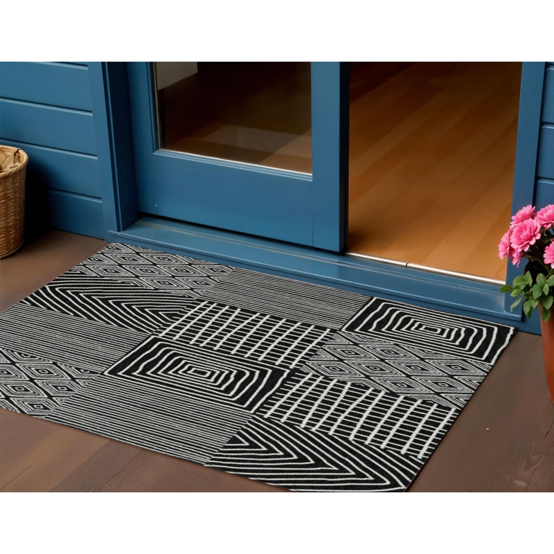 3' X 5' Black And Ivory Geometric Washable Indoor Outdoor Area Rug