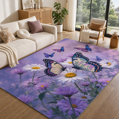 1Pcs Motif floral de marguerite papillon - conception artistique, lavable et facile à nettoyer, grand tapis mince, envers antidérapant pour le salon, la cuisine, la cuisine, le bureau, l'intérieur