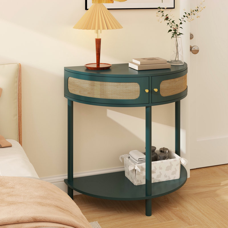 Table de bout unique en demi-lune avec porte coulissante en rotin