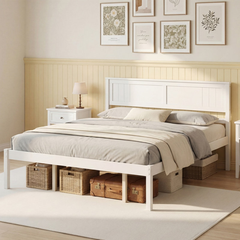 Cadre de lit robuste en bois pour lit simple, double ou queen, avec tête de lit et sommier à lattes, et espace de rangement de 30 cm sous le lit.