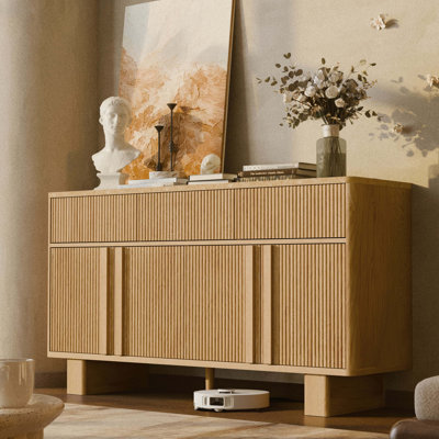 Buffet cannelé à 3 portes et 3 tiroirs, buffet moderne de 47 po de large avec plateau en faux marbre, coins arrondis, rangement pour la salle à manger, le salon, le couloir