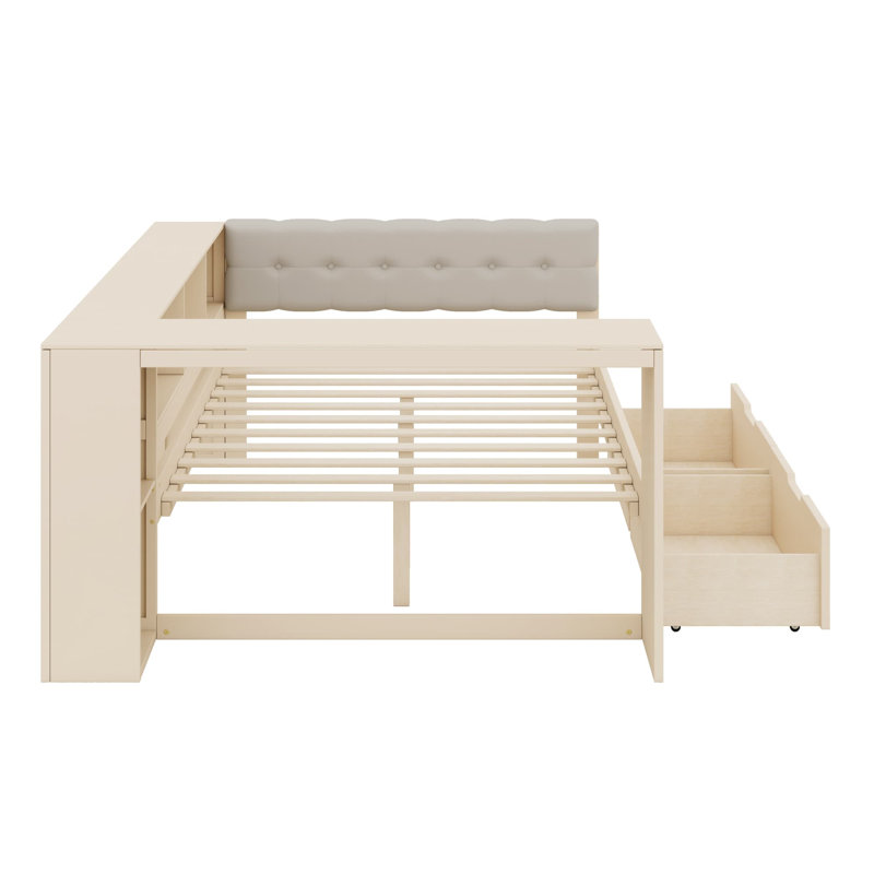 Lit plateforme avec tablettes de rangement et tiroirs, Crème, Lit double