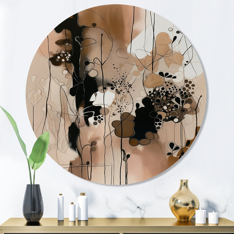 Liberté artistique brune et noire I - art mural rond abstrait sur métal, H 36 po x l 36 po x P 1 po