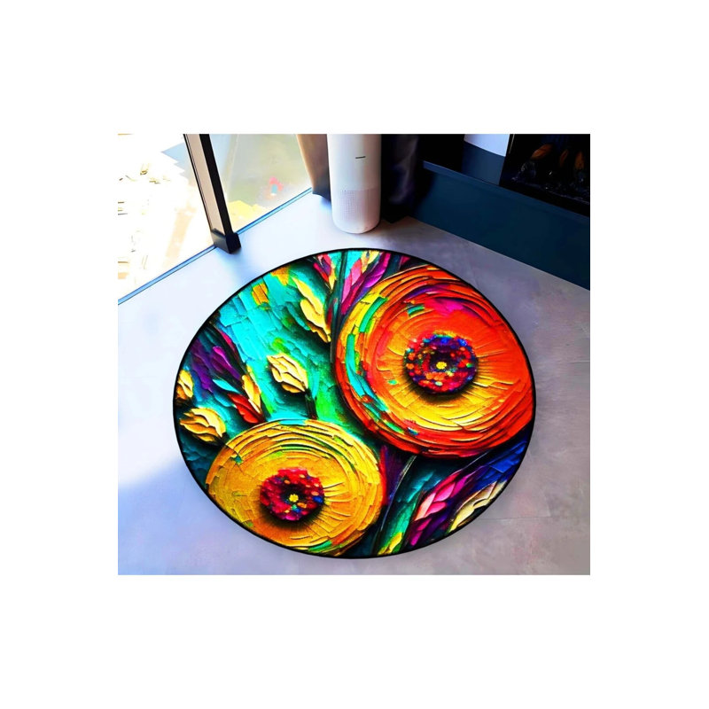 Multicolored Abstract Shapes Detailed Woven Base Modern Decorative Carpet, Round 5'