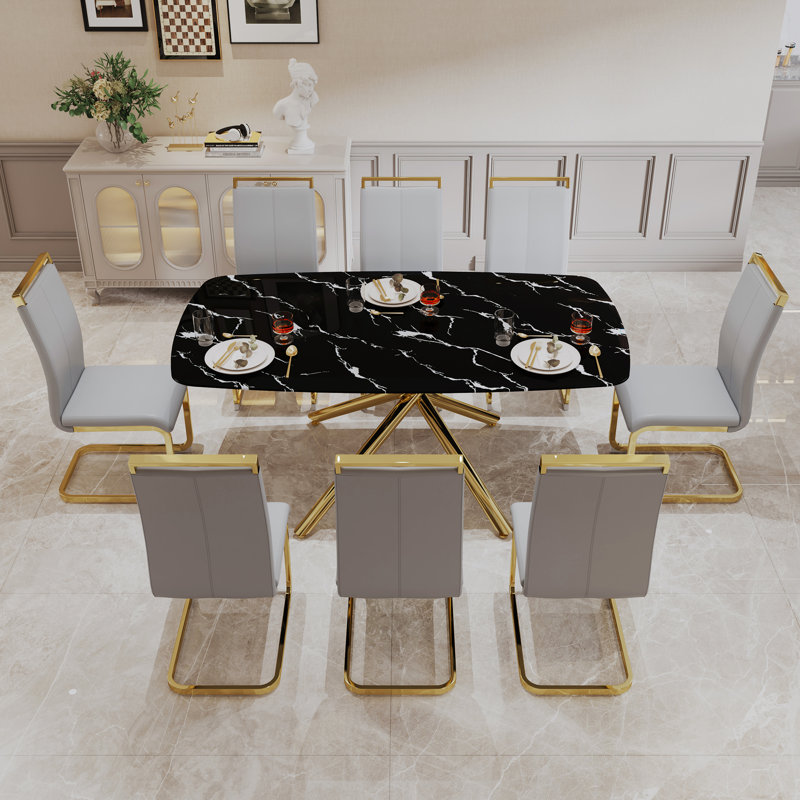 Ensemble de table de salle à manger à piédestal 9 pièces Giullia, Gris clair