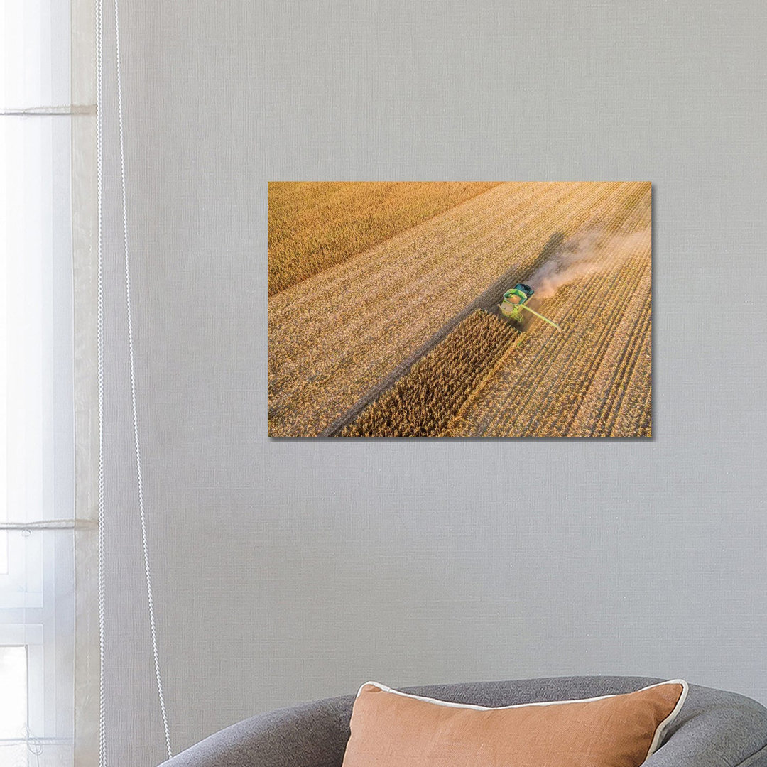 Aerial View Of Combine Harvesting Corn Crop, Marion County, Illinois, USA - Wrapped Canvas Print