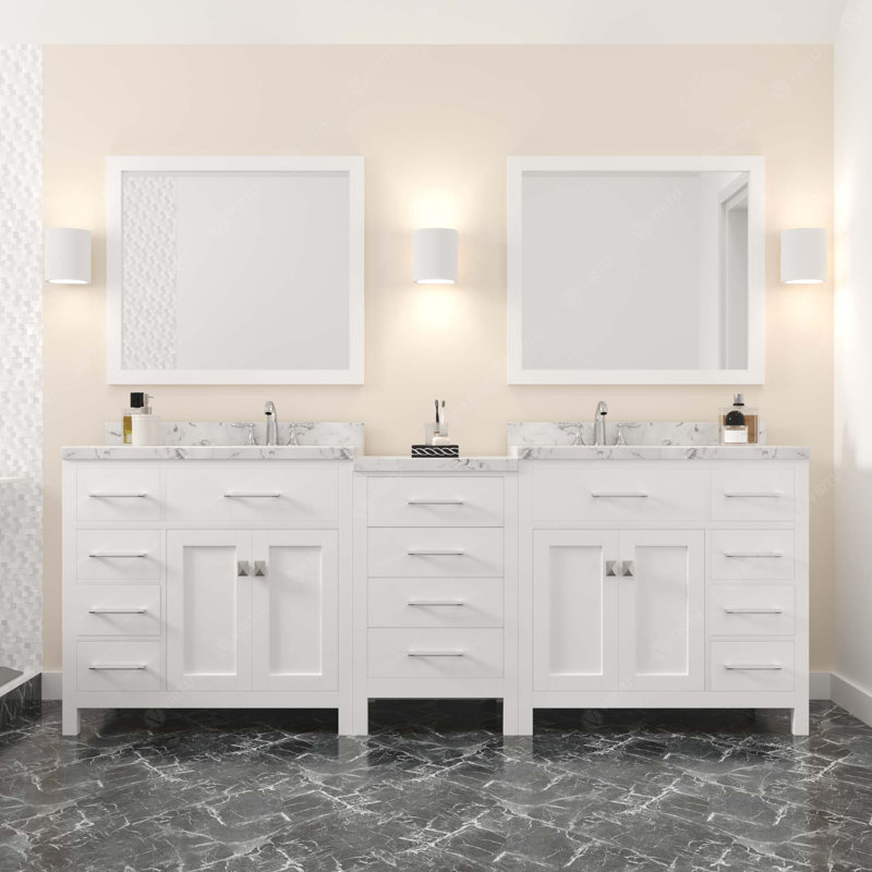 Meuble-lavabo double 93 po avec plateau en marbre Slagelse, Blanc, Carrée