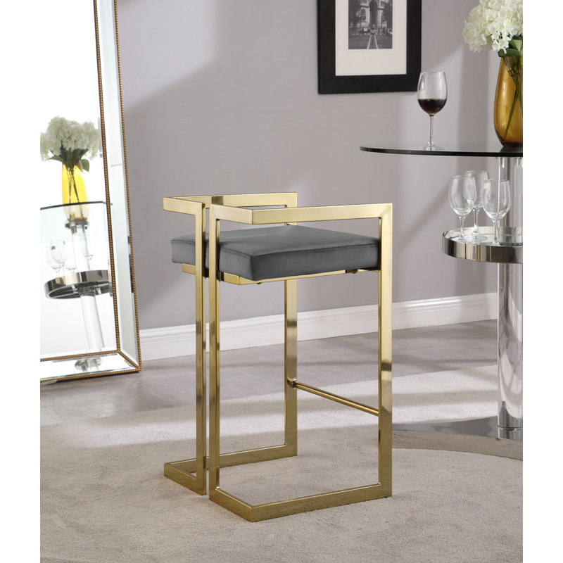 Isam Upholstered Counter Stool with Metal Frame, Gray Velvet, Gold