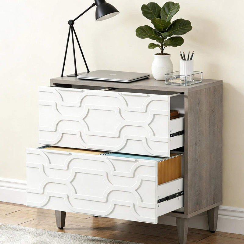 Classeur 2 tiroirs, armoire de rangement spacieuse, Gris / Blanc