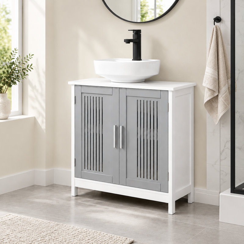 Ensemble de meuble-lavabo de salle de bain sous le lavabo avec tablette ajustable en blanc gris