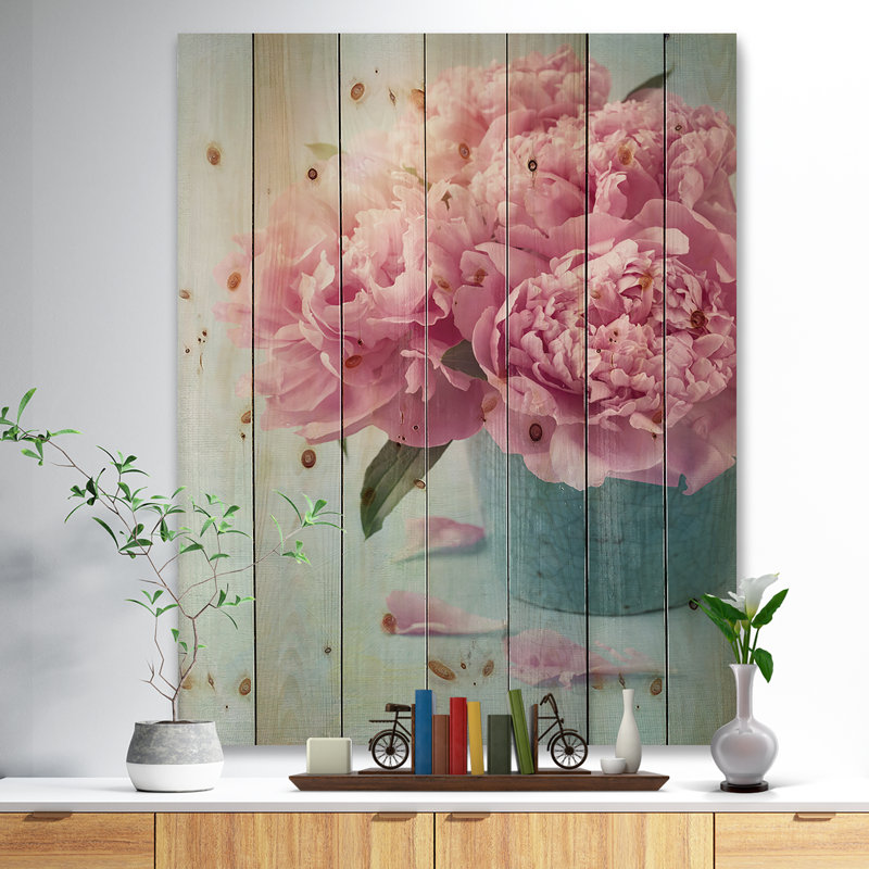 Pivoine rose dans un vase-impression d’art graphique, H 46 po x l 36 po x P 1,5 po, Bois