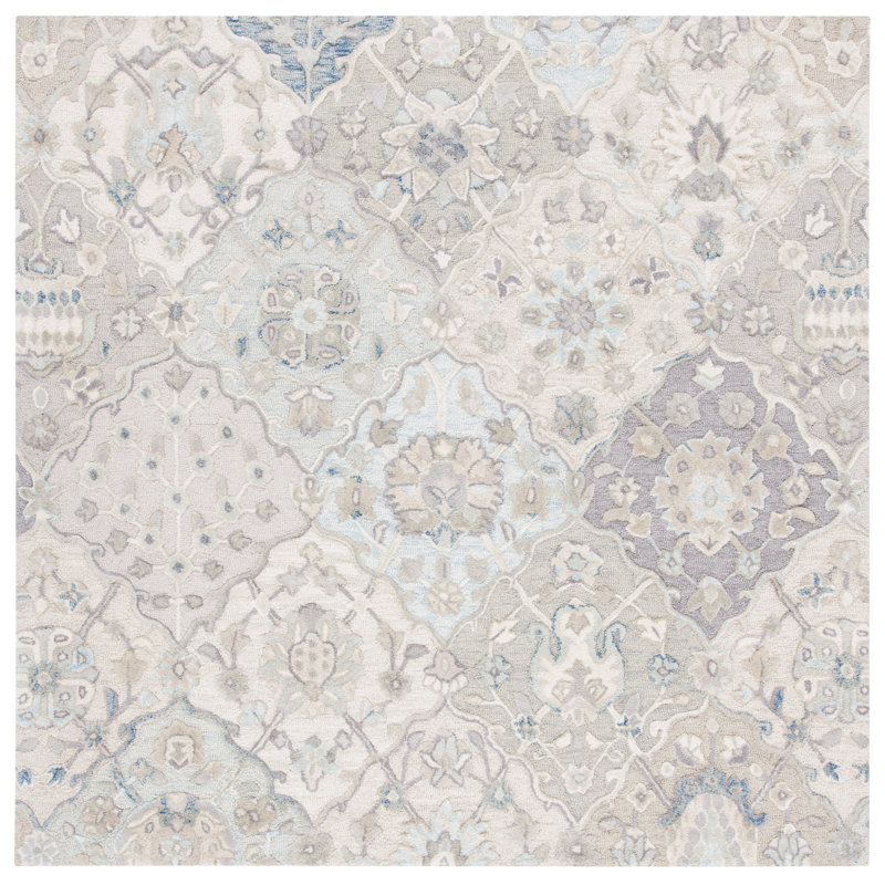 Aurelijus Oriental Handmade Tufted Wool Gray/Blue Area Rug, Square 4'