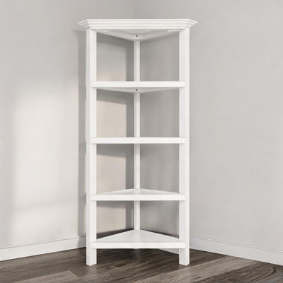 Solid Wood and MDF White Finish 4-Shelf Tall Corner Bookcase for Displaying Books and Decorative Home Accents