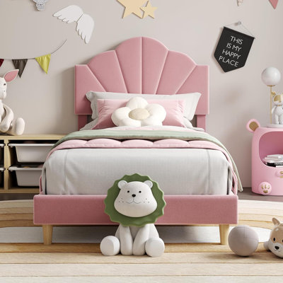 Twin Size Bed Frame, Velvet Upholstered Platform Bed Frame with Height Adjustable Headboard