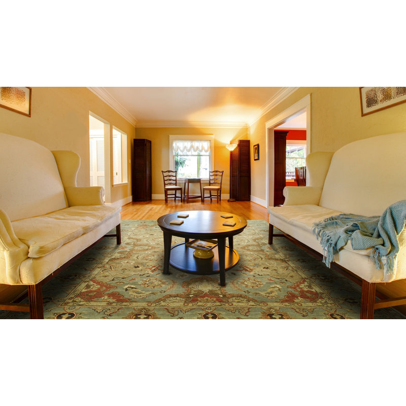 Oriental Hand Knotted Wool Beige, Blue and Rust Area Rug, Rectangle 10' x 14'