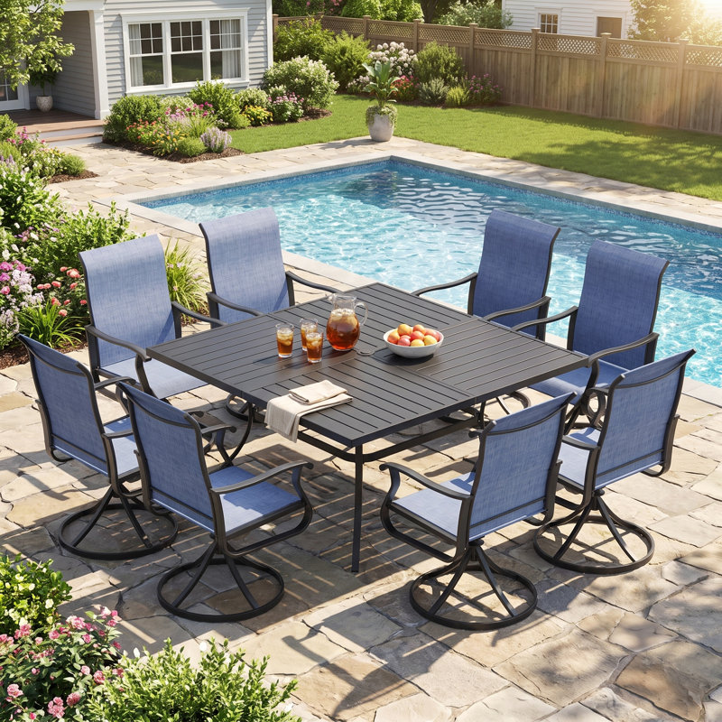 8-Person Patio Dining Set with 59" Square Table and Umbrella Hole + 8 Swivel Chairs, Black/Blue