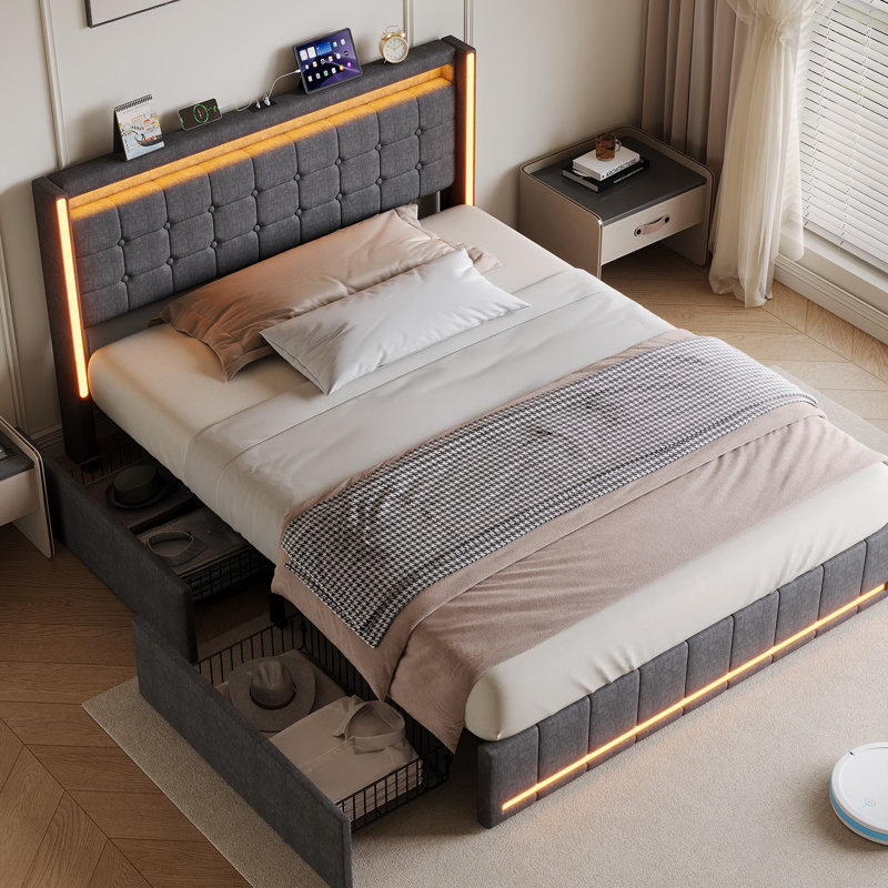 Upholstered Storage Bed with LED Headboard and Drawers, Kingsize (5'), Grey
