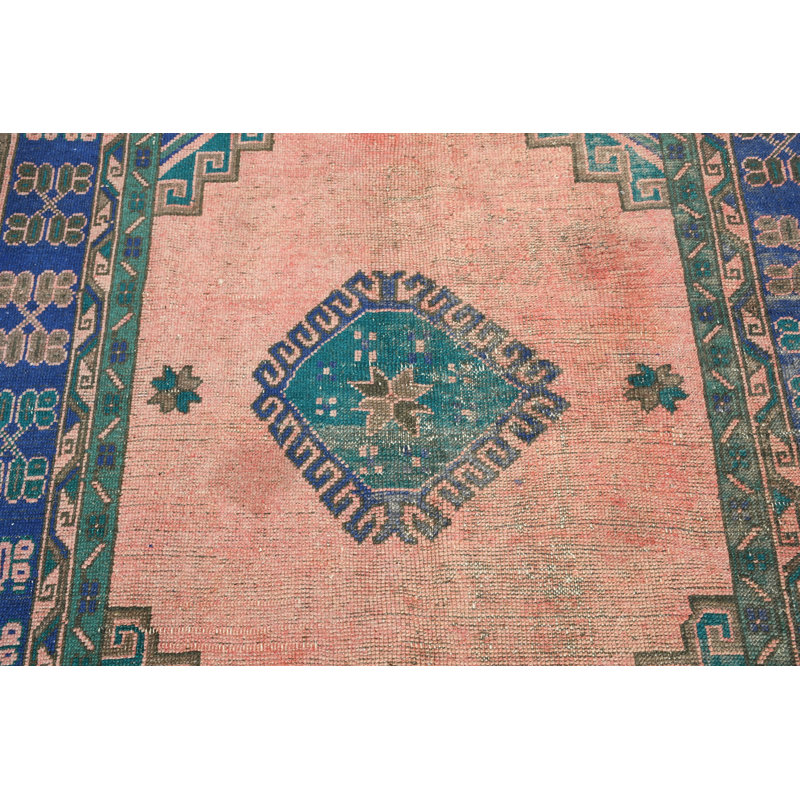5.6x13.5 In Blue Wool Boho Rug, Geometric Pattern Large Rug