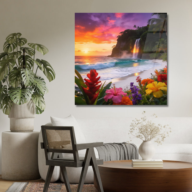 Art mural en verre trempé Tropical Beach Sunset, H 30 po x l 30 po