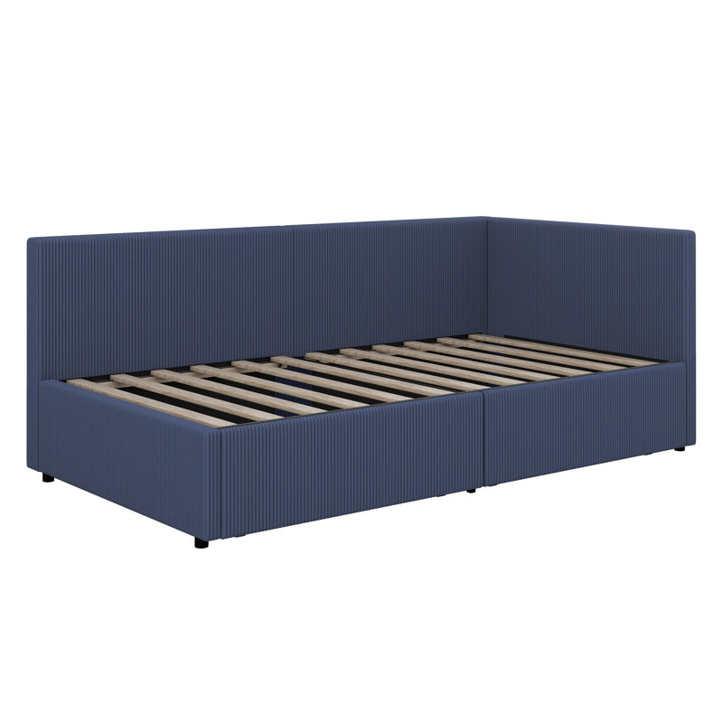 Twin Size Corduroy Upholstered Daybed With Two Storage Drawers, Blue