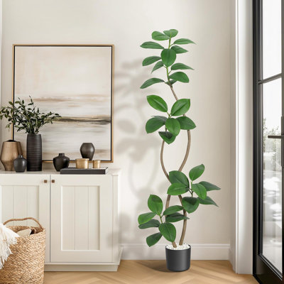 6FT Artificial Plants Rubber Tree with Black Resin Pot& White Stone Faux Fiddle Leaf Fig Tree Indoor Artificial Trees Tall Plant Fake Tree Tropical Large Floor Tree Real Touch for Home Decor