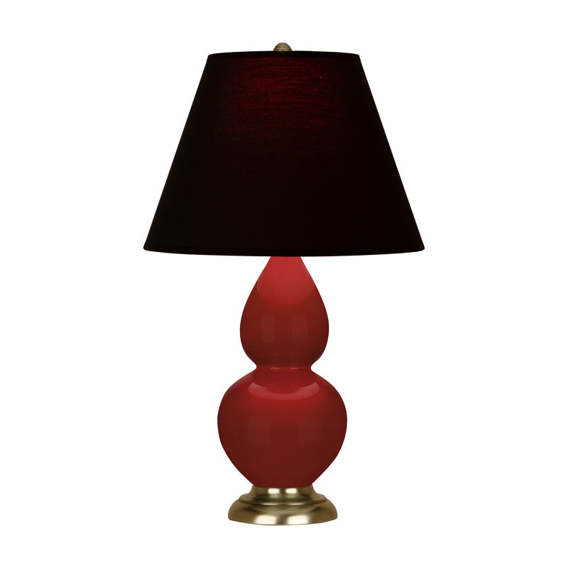 Petite lampe d'appoint à double gourde, Encre noire / rose rouge, Laiton antique, Rouge sang-de-bœuf