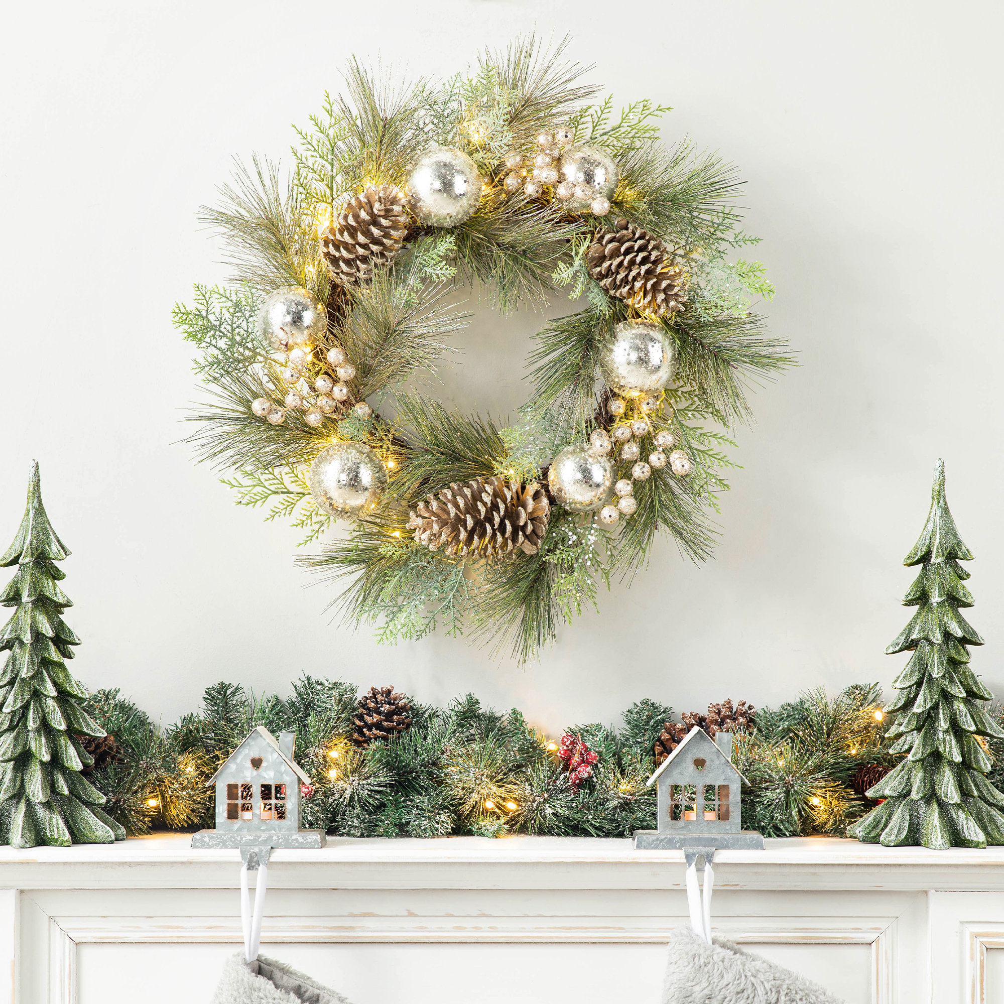 24 in. Artificial D Mixed Snow and Glitter Pine Indoor Wreath