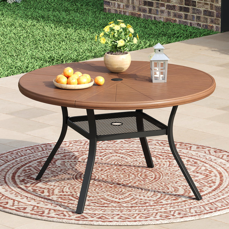 4-Person Aluminum Round Patio Dining Table, Brush Wood Brown, 28" H x 40.6" L x 40.6" W