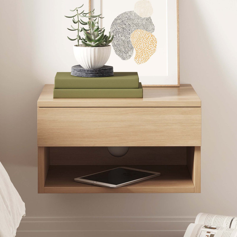 Modern Floating Bedroom Nightstand with Storage Drawer and Open Shelf Cubby, Light Oak