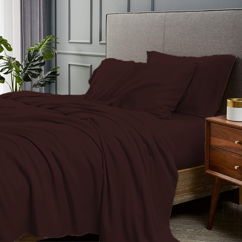 Ensemble de draps 4 pièces en rayonne de bambou, Ensemble de draps pour très grand lit avec 2 taie, Chocolat
