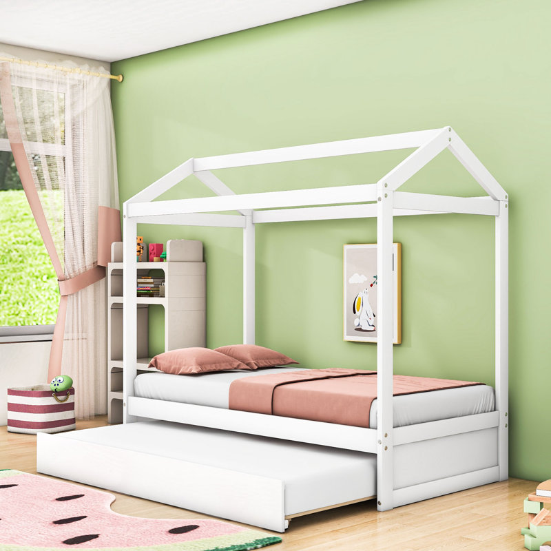 Twin Wooden House-Shaped Bed With Twin Trundle