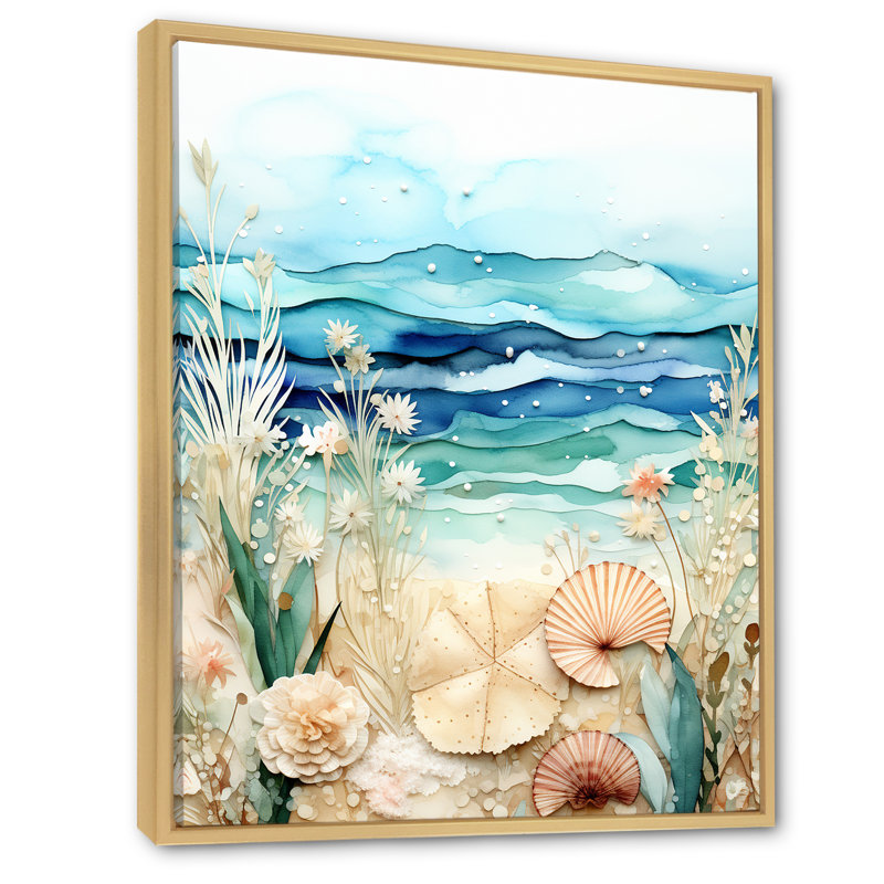 Coastal Tiles Collages - Botanicals, art mural, H 44 po x l 34 po x P 1,5 po, Cadre flottant brun