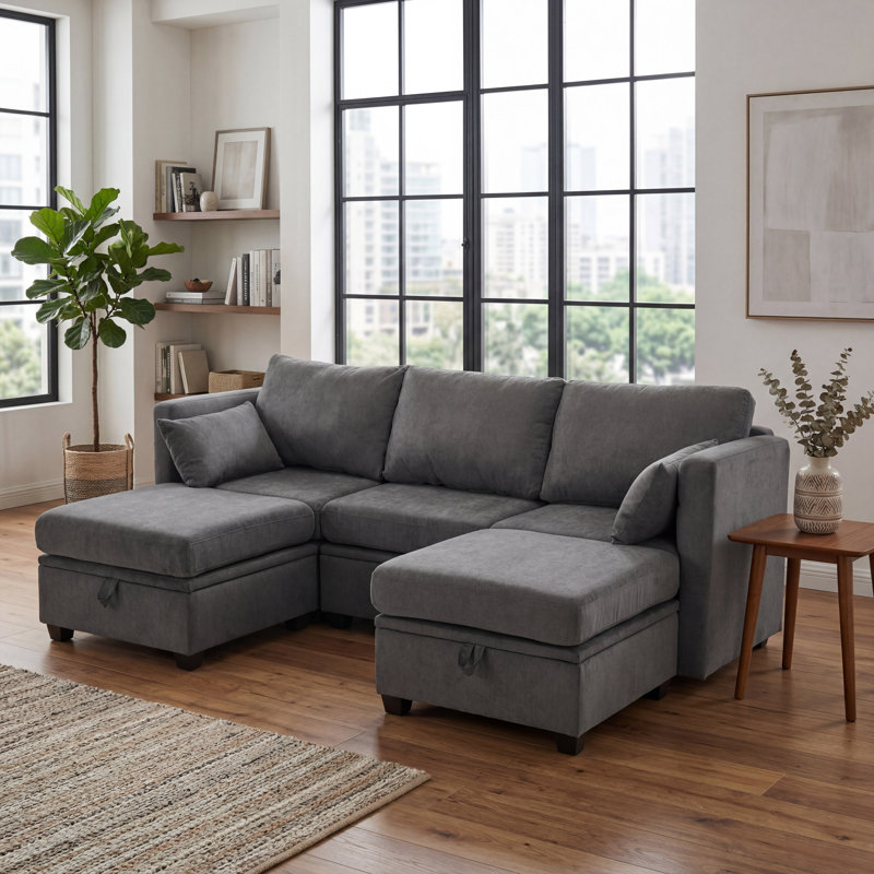 Dilen 5 - Piece Upholstered Sofa Modular Storage Couch & Ottoman, Dark Gray Polyester