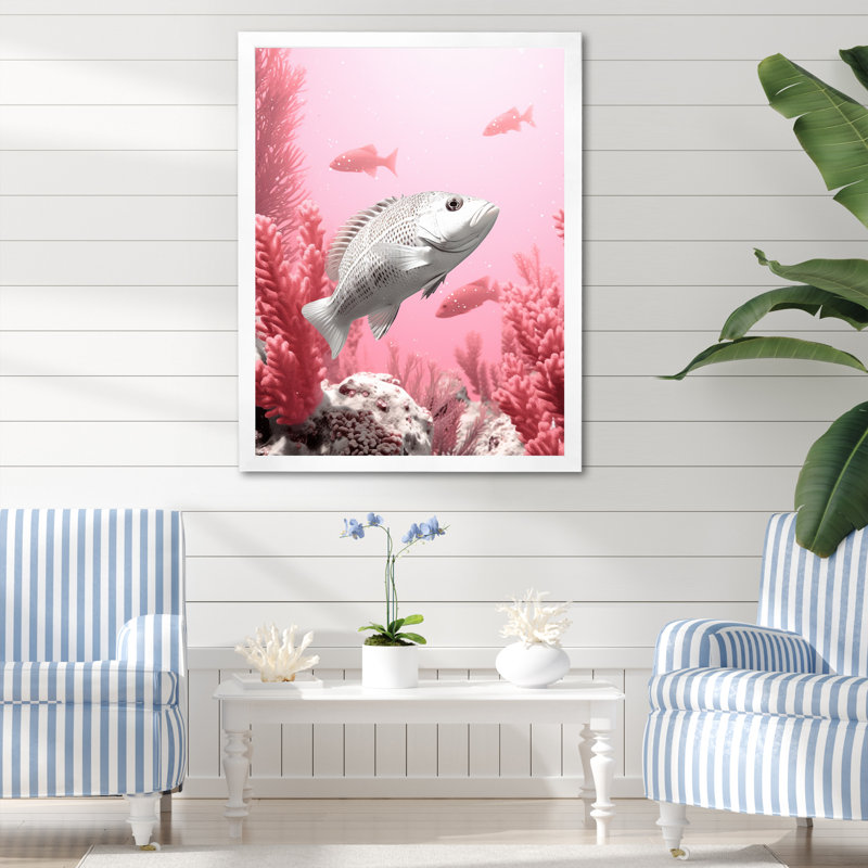 Rampe de poissons monochrome rose et blanche, H 40 po x l 30 po x P 1,5 po, Cadre simple blanc