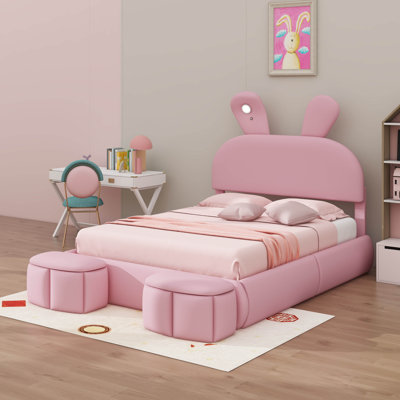 Lit plateforme tapissier avec tête de lit et oreilles de dessin animé en forme de tête de lit, lit plateforme Princess