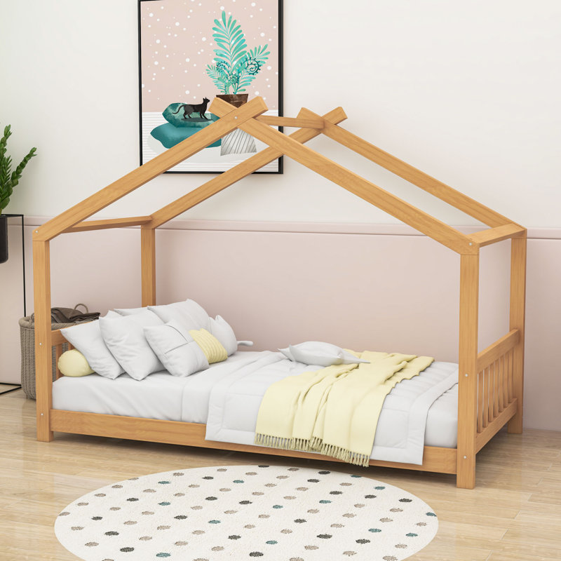 Lit plateforme simple en bois avec toit en forme de maison, Naturel