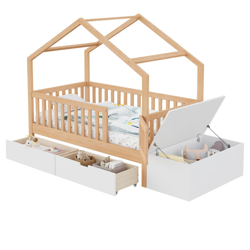 Lit pour tout-petits avec tiroirs de rangement et commode à plateau relevable, lit en bois avec barrières de sécurité et barrière, structure de lit de jeu pour enfants, compatible avec les matelas standard pour tout-petits américains, bois naturel et blanc